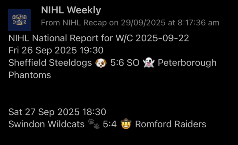 A screenshot from inside the Pushover app detailing scores from the national ice hockey league