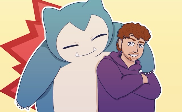 An illustration of the pokemon Snorlax with Harrison Birdsey alongside.