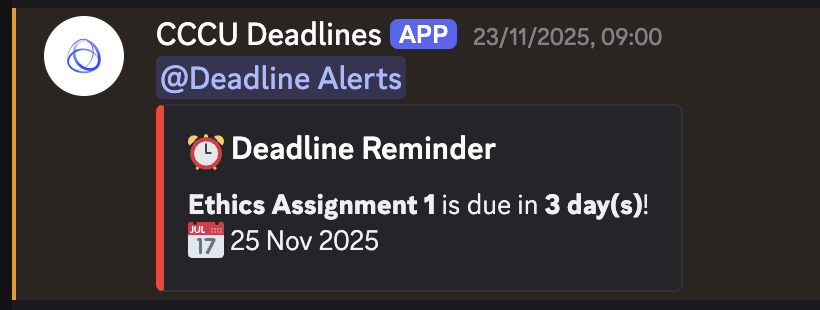 A screenshot of a deadline alert sent on discord. It is warning the user that there is only 3 days until the ethics deadline