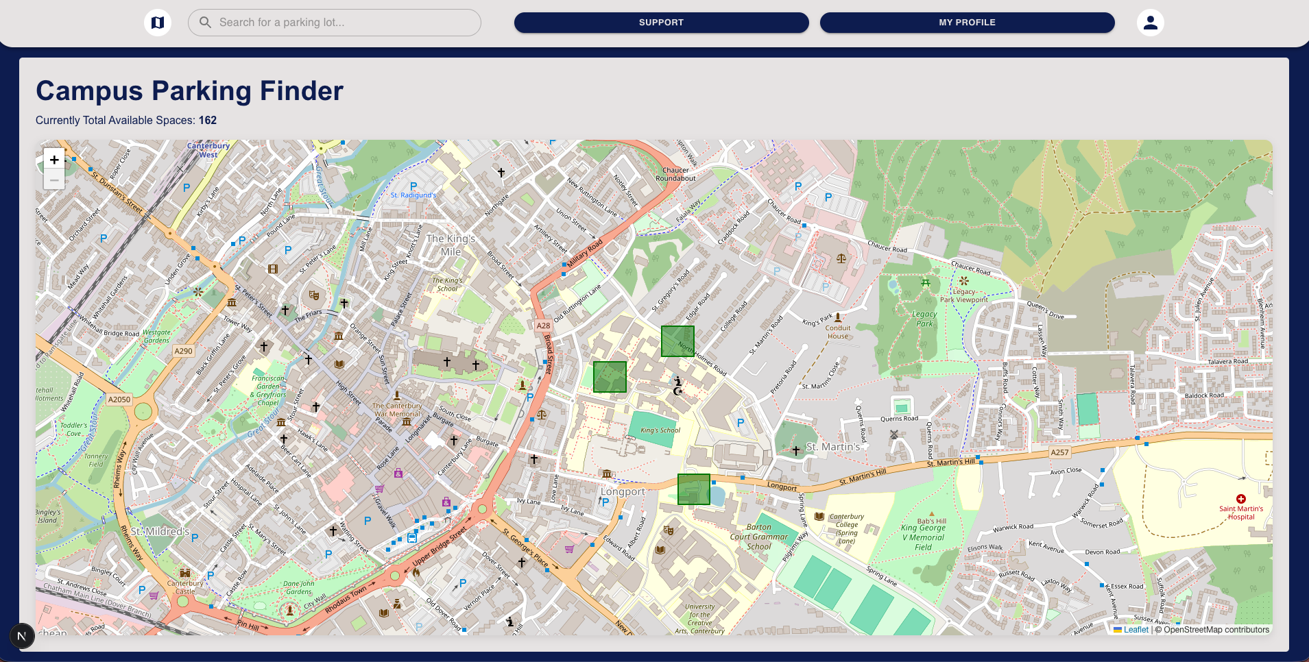A screenshot of the Parked Parking Management System with green boxes on a map indicating the number of parking spaces available in various car parks.
