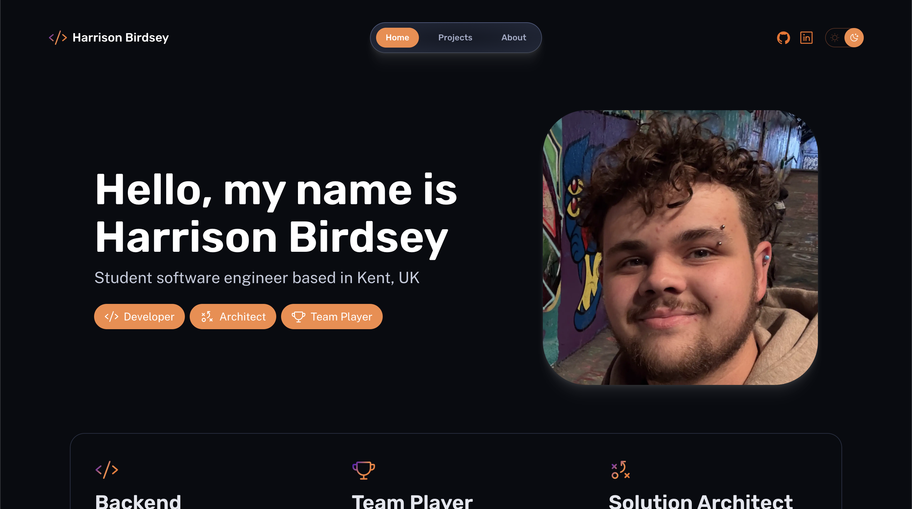 A screenshot of Harrison's portfolio website